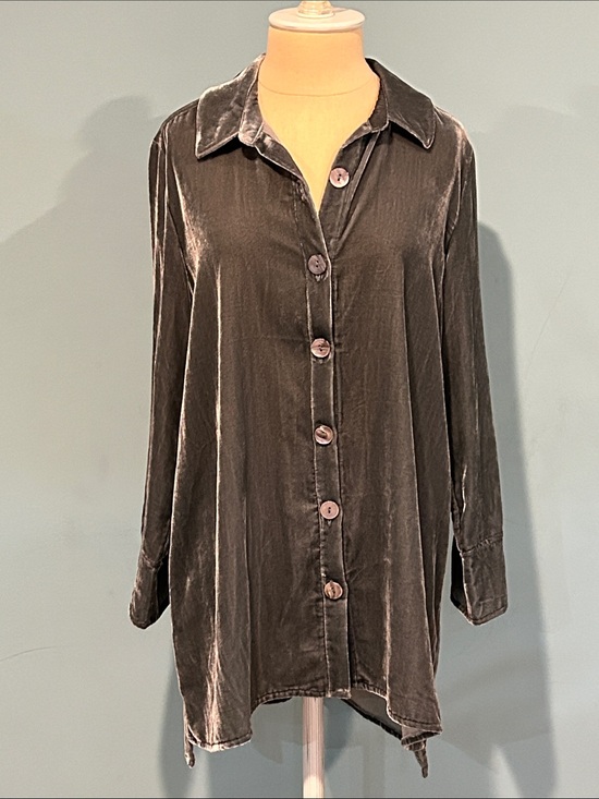 Habitat Tops - Habitat Velvet Button Down Tunic Blouse Top XS Olive Khaki Green Gray Lagenlook
